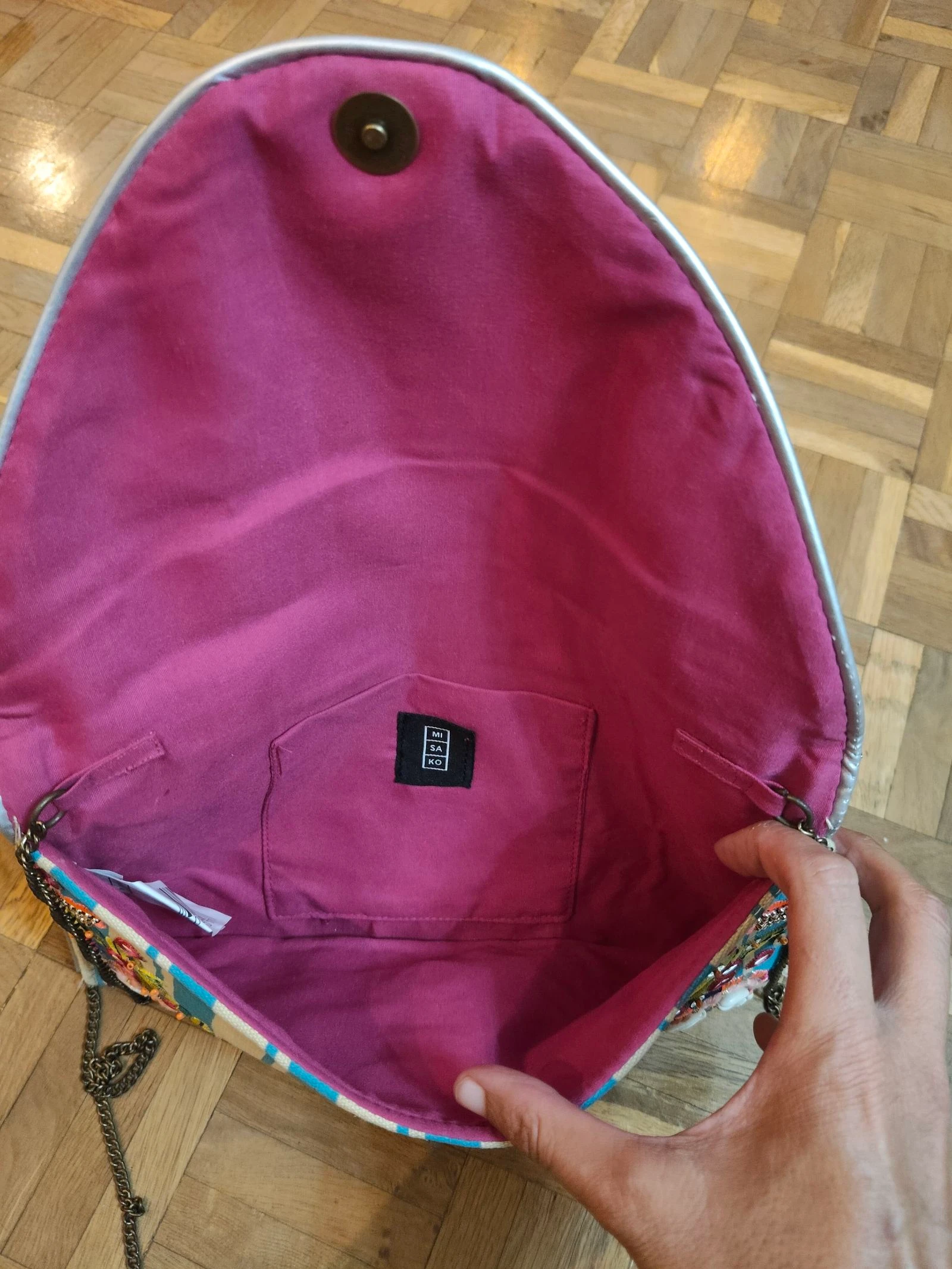 Misako-Bolso mujer gevoerd fuchsia en tropische print met strepen en ketting – photo 6